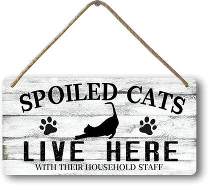 Cat Wall Decor For Pet Lovers Hanging Wooden Home Decor Fall Welcome Sign Christmas Decor Spoiled Cats And Their Staff Live Here - People Tolerated 12x6 In