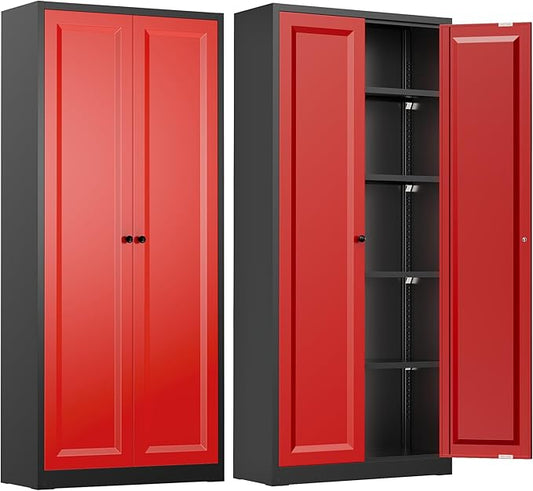 INTERGREAT Metal Storage Cabinet with Magnetic Doors, 63" H Traditional European Style Metal Cabinets with 2 Doors and 4 Adjustable Shelves for Home Office, Kitchen, Bathroom (Black Red)