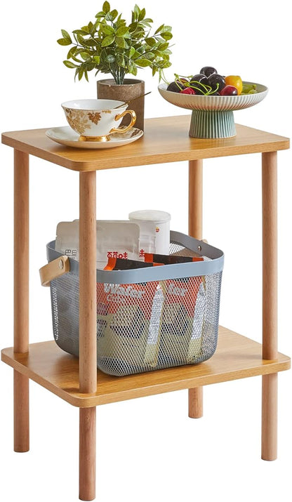 IBUYKE 2-Tier Side Table, Solid Wood Tall End Table with Storage Shelves, Nightstand Bedside Table for Living Room Bedroom Office, No-Tool Assembly, Natural UWST002N