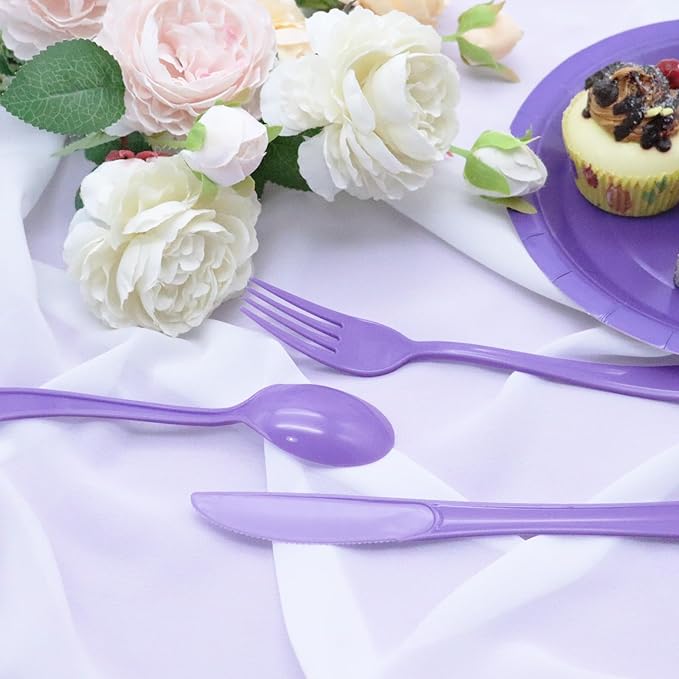 150 Pcs Purple Plastic Silverware, Purple Utensils, Silverware Set Includes 50 Plastic Forks, 50 Spoons, 50 Knives Disposable for Birthday, Celebration, Baby Shower