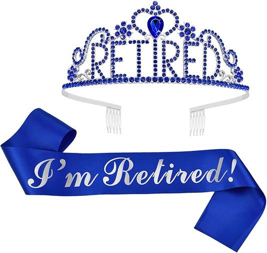 JETKONG Retirement Party Decorations Retired Tiara/Crown, Retired Sash for Women Retirement Gifts, Retirement Party Supplies, Gifts, Favors (Dark Blue)
