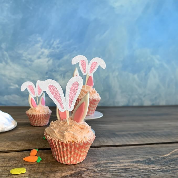Ephlyn 24 Pcs Happy Cupcake Toppers Glitter Rabbit Ear Cupcake Picks Happy Easter Day Theme Baby Shower Kids Birthday Party Cake Decorations