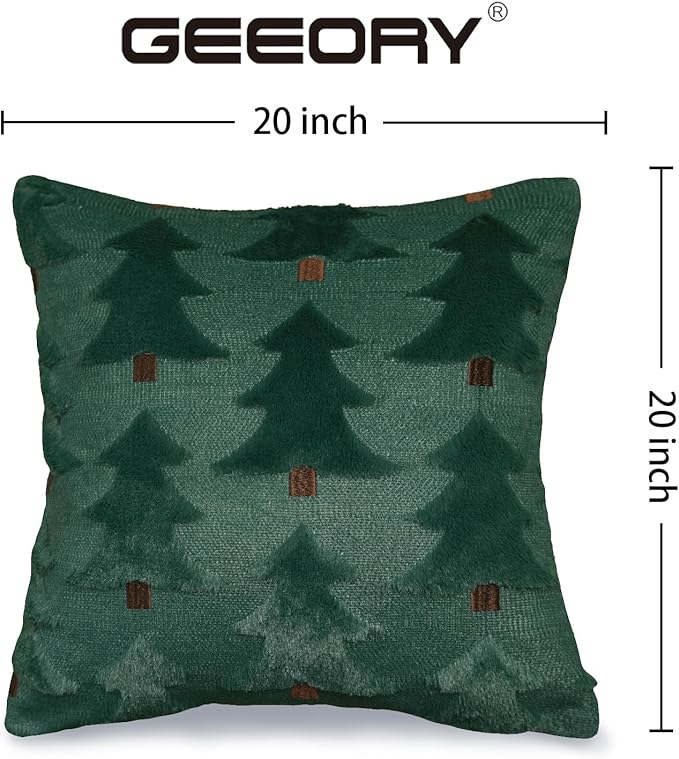 GEEORY Christmas Pillow Covers 20x20 Inch Set of 2, Christmas Decorations Xmas Tree Soft Plush Fluffy Faux Fur Decorative Throw Pillows Farmhouse Winter Cushion Case Green Brown GC033-20