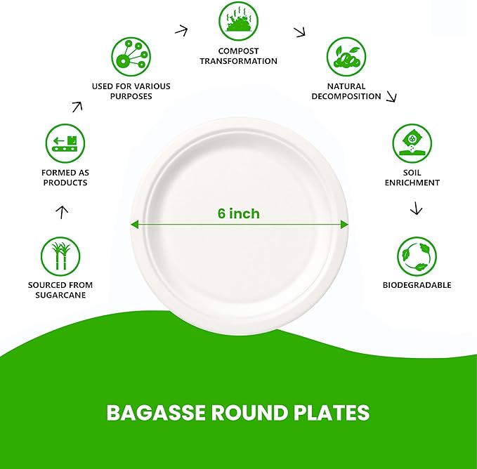 Round Compostable Plates, Disposable Sturdy, Sugarcane Biodegradable, Microwave Freezer Safe for Parties, Weddings, Events (6 Inch, 125, Count)