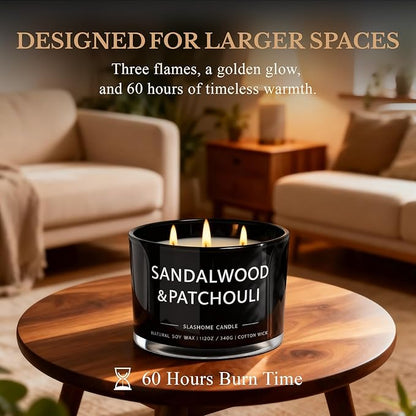 Patchouli Amber Candle, Large 3 Wick 12oz Soy Candle for Home Scented, Luxury Elegant Jar Candle Gift for Women & Men, Long-Lasting Non-Toxic Burn 60+ Hours, Warm Earthy Aromatherapy Home Décor