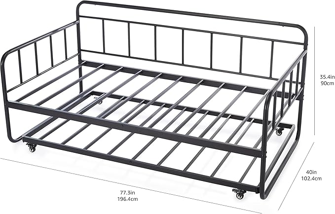 Amazon Basics Twin Daybed and Trundle Bed Frame Set, Space Saving Steel Slat Support, Easy Assembly, Twin Size, Black, 77.3 x 40 x 35.4 in