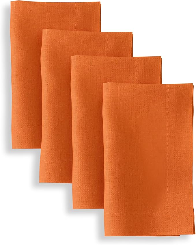 Solino Home Linen Napkins Set of 4-100% Pure Linen Persimmon Orange Dinner Napkins Cloth 20 x 20 Inch for Fall, Autumn, Christmas, New Year - Fete, Handcrafted and Machine Washable
