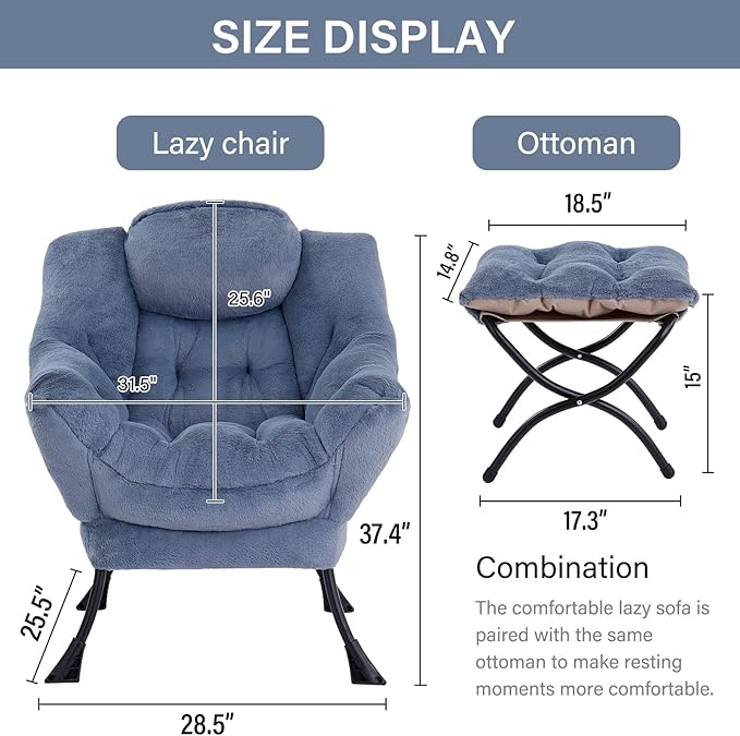LITA Modern Accent Leisure Upholstered Sofa Chair with Ottoman, Plush Light Blue, 43 x 80 x 95 cm, Cotton, Standard Sofa, Living Room Chair