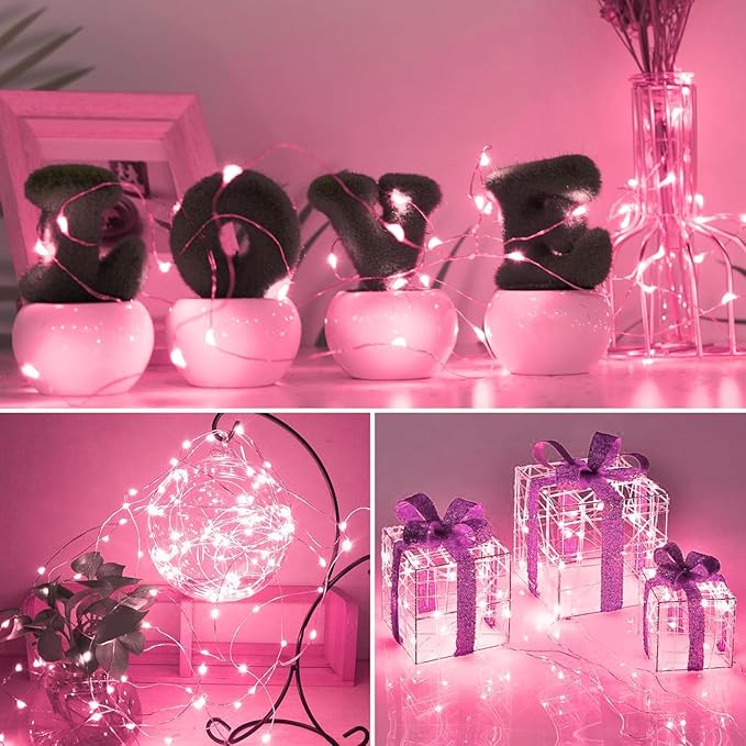 6 Pack Fairy Lights Battery Operated with Timer Silver Wire Mini 13FT 40LED Waterproof Cuttable Twinkle Christmas String Lights for Home Bedroom Wedding DIY Centerpiece Birthday (Pink)