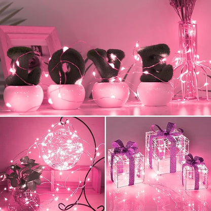 6 Pack Fairy Lights Battery Operated with Timer Silver Wire Mini 13FT 40LED Waterproof Cuttable Twinkle Christmas String Lights for Home Bedroom Wedding DIY Centerpiece Birthday (Pink)
