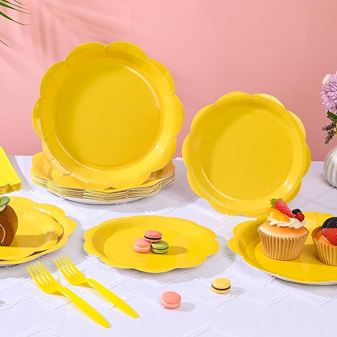 96 Pcs Yellow Paper Plates and Napkins Set Party Supplies, Tableware set for 24 Guest include Disposable Yellow Scalloped Plates, Napkins and Forks for Baby Shower Bridal Shower Wedding Fall Party
