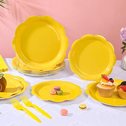 96 Pcs Yellow Paper Plates and Napkins Set Party Supplies, Tableware set for 24 Guest include Disposable Yellow Scalloped Plates, Napkins and Forks for Baby Shower Bridal Shower Wedding Fall Party