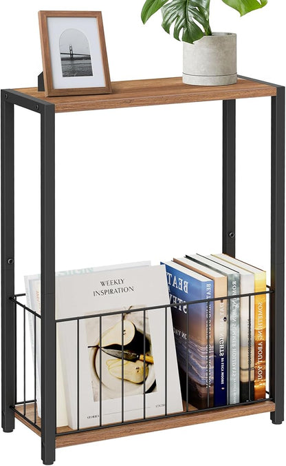 Narrow Side Table with Magazine Holder, Skinny End Table Perfect for Small Spaces, Space-Saving Design for Living Room, Bedroom, or Office, 7.1" D x 16.9" W x 23.6" H, Rustic Walnut