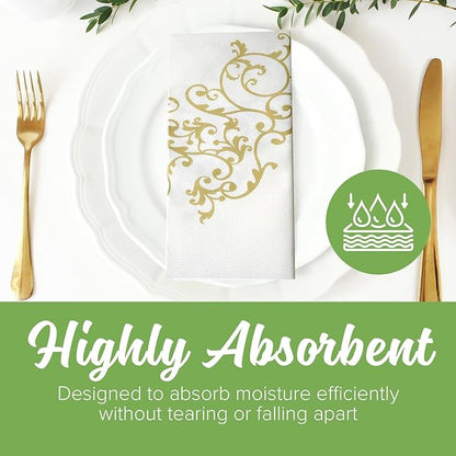 SimuLinen Gold & White Dinner Napkins - Disposable Linen Feel Decorative Cloth-Like Large Napkins - Elegant, Soft, Absorbent & Durable Airlaid Material (19"x17" - Box of 60)