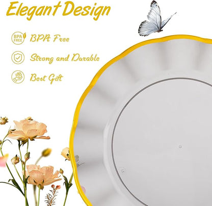 EI 150pcs Clear Black Dinnerware Set,Clear Black Fancy Plastic Plates with Gold Rimmed and Gold Plastic Silverware,Heavy Duty Party Plates Disposable for Afternoon Tea,,Christmas,New Year