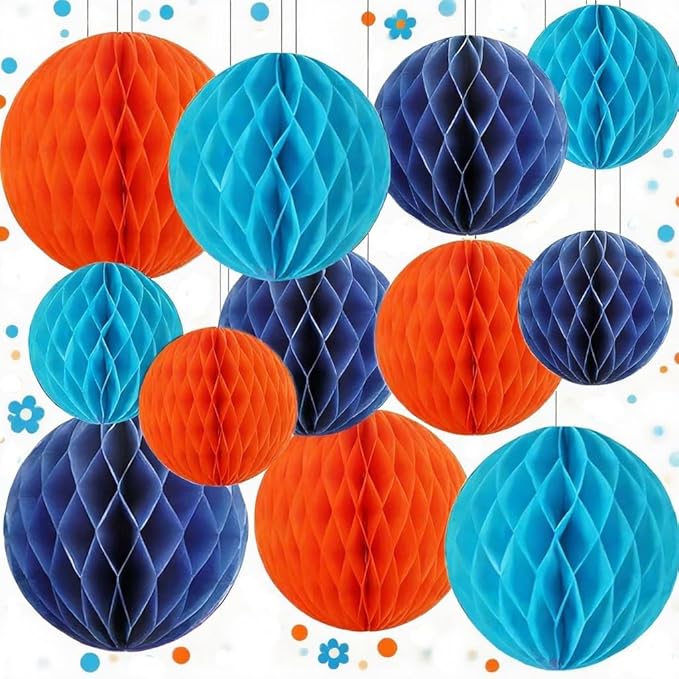 Capesaro 12pcs Blue Orange Hanging Honeycomb Balls Decorations Theme Party Decorations Happy Children's Celebration Dec Kids Decoration Boys’1st Birthday Decor(6" 8" 10" Blue Orange Set)