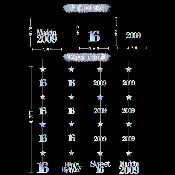 12PCS Iridescent 16th Birthday Decorations Number 16 and 2009 Star Garland Hanging Streamer Banner Backdrop for Girls Boys Cheers to 16 Years Birthday Made in 2009 Sweet Sixteen Party Decor Supplies