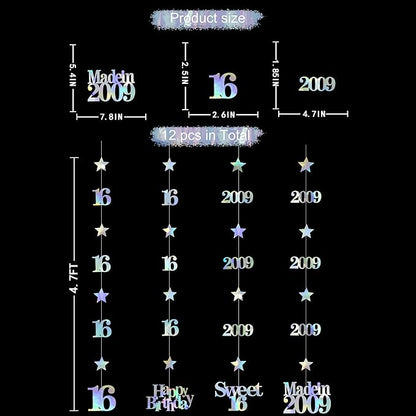 12PCS Iridescent 16th Birthday Decorations Number 16 and 2009 Star Garland Hanging Streamer Banner Backdrop for Girls Boys Cheers to 16 Years Birthday Made in 2009 Sweet Sixteen Party Decor Supplies