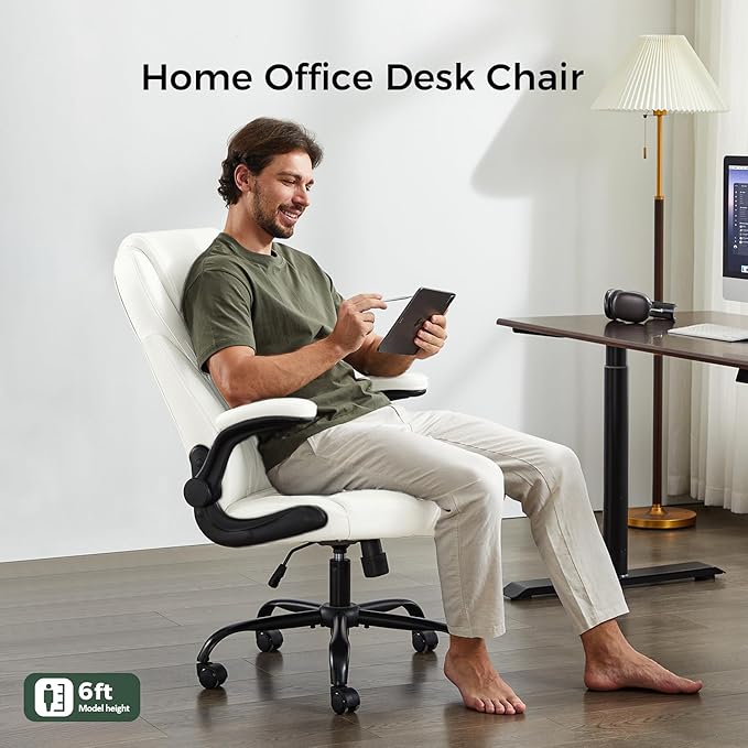 Office Chair, Executive PU Leather Chair Home Office Desk Chairs, Ergonomic Computer Desk Chair with Adjustable Flip-Up Arms, Lumbar Support Swivel Task Chair with Rocking Function (White)