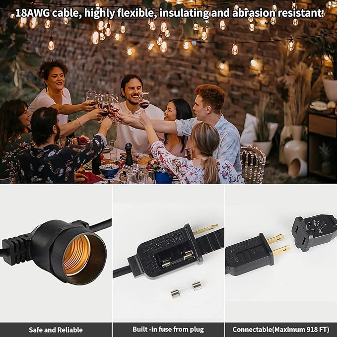 48FT LED Outdoor String Lights, S14 IP65 Waterproof Patio Lights, Edison Shatterproof Bulbs with Remote Control Vintage Backyard Light, Garden, Deck Light