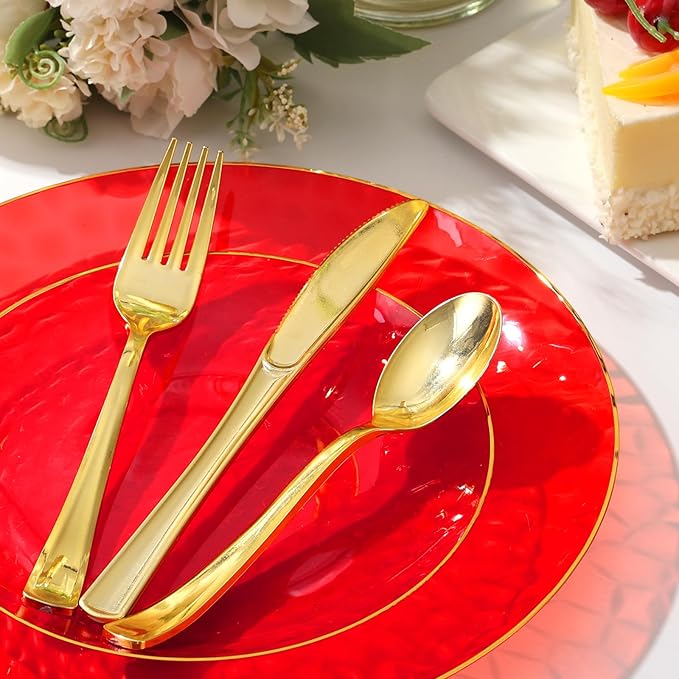 150 Pcs Red Plastic Plates - Fancy Plastic Dinnerware Set for 25 Guests - 50 Red Disposable Plates, 75 Gold Silverware, 25 Napkins for Party Birthday Christmas