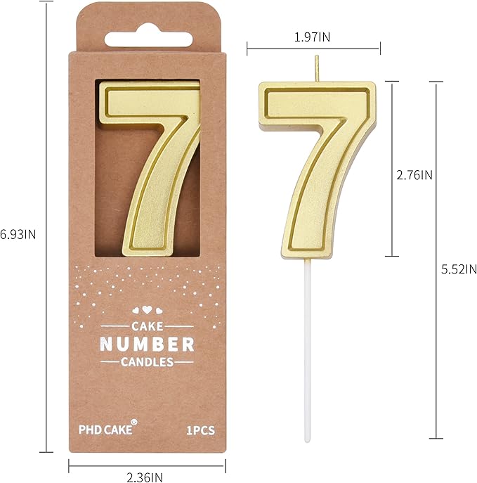 PHD CAKE 2.76 Inch Luxe Gold 7 Number Birthday Candles, Gold Number Candle, Cake Number Candles, Party Celebration