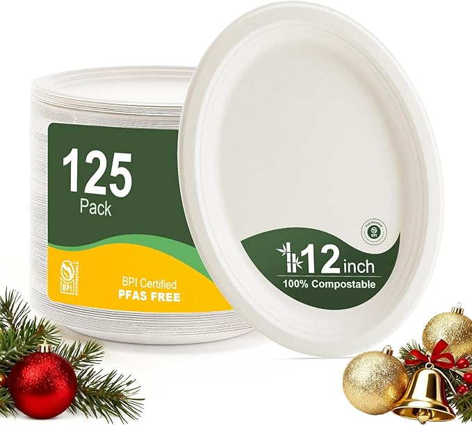 100% Compostable Oval Paper Plates 12 Inch, 125-Pack Large Heavy Duty Paper Plates Bulk,Biodegradable Bagasse,Eco-Friendly Disposable Dinner Plate for BBQ,Picnic,Party (BPI Certified,Microwaveable)
