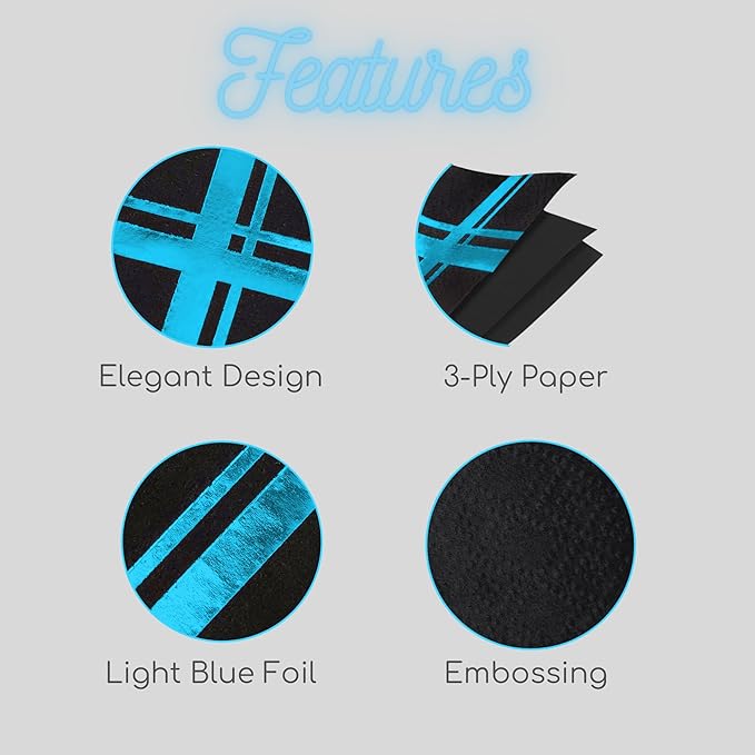 Light Blue on Black Cocktail Napkins - 100 Pack, 5" x 5", 3-Ply Paper - Style Name: Blissful Crossing