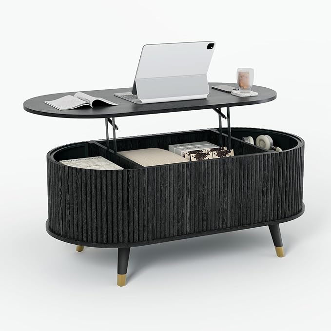42.5" Oval Lift Top Coffee Table with Storage,Modern Black Center Table with Fluted Design, Pop Up CoffeeTable for Living Room,Solid Wood Legs & Hidden Compartment,
