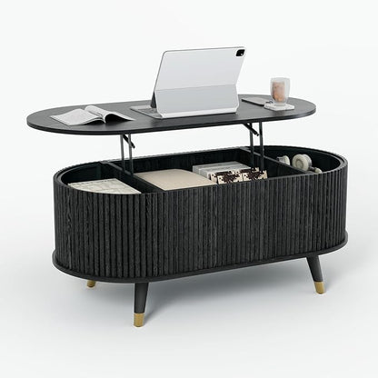 42.5" Oval Lift Top Coffee Table with Storage,Modern Black Center Table with Fluted Design, Pop Up CoffeeTable for Living Room,Solid Wood Legs & Hidden Compartment,