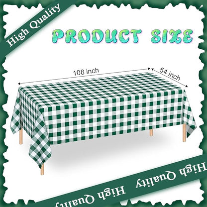 WNINK 2 Pack Green and White Checkered Rectangular Plastic Tablecloths, Green Gingham Waterproof Disposable Table Covers 54" x 108" for Birthday, Wedding, Outdoor Picnic Camping Parties