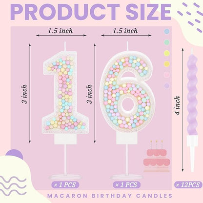 MTLEE Number 16 Birthday Candle with 12 Pcs Spiral Candles for Girls Macaron Pastel Rainbow Unicorn Pink Cake Topper for Sweet Theme Party Decoration