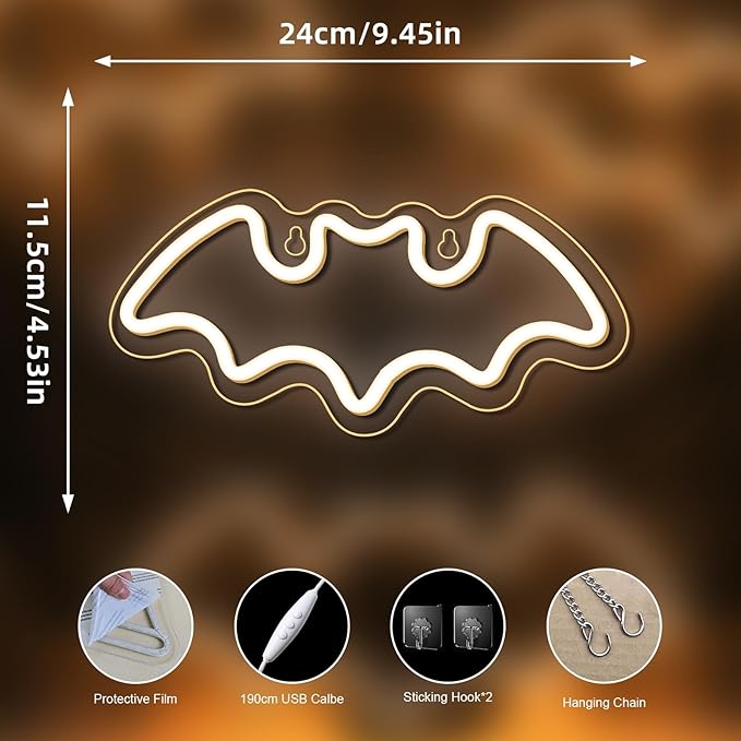 NOSUN 3 Bats Shape Neon Signs Night Lights Warm White Bats LED Light for Bedroom Bar Wall Halloween Decor Home Cafe Recreation Room Wall Artwork