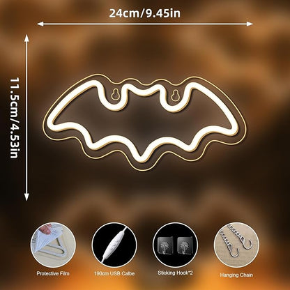 NOSUN 3 Bats Shape Neon Signs Night Lights Warm White Bats LED Light for Bedroom Bar Wall Halloween Decor Home Cafe Recreation Room Wall Artwork