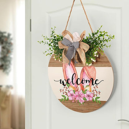 Harooni Easter Decorative Sign, 12x12in Wooden Welcome Door Sign with Bow, Easter Welcome Color, Perfect for Easter Occasion