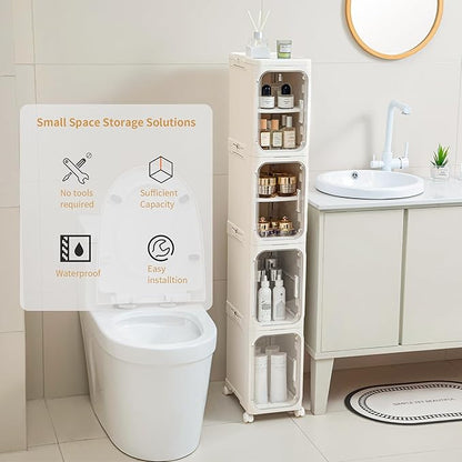 4-Tier Slim Tall Narrow Bathroom Storage Cabinet with Adjustable Shelves and Movable Wheels, Magnetic Doors, Plastic Storage Cabinets and Organizers for Small Space, Cream White