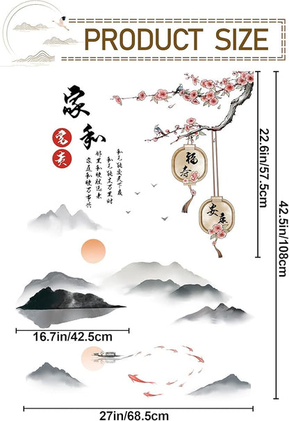 Removable 3D Chinese Style Landscape Mountain Water Wall Decals Chinese Characters Family and Peace with Plum Flower Tree Branches Wall Murals for Bedroom Living Room TV Sofa Background