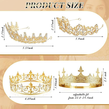 Juexica 6 Pieces Prom King Crown Metal Baroque King and Queen Prince Princess Crystal Headband Tiara Crown Wedding Bridal Accessories for Women Men