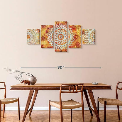 ElephantStock - Sun Like Mandala Symbols Wall Art - Horizontal Multi Panel Canvas - 5 Piece Living Room Wall Decor - Digital Art Elements Multi Piece Wall Art - Orange And Blue Decor - 74" x 34"