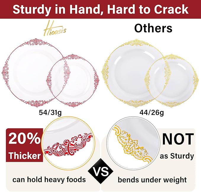 Hioasis 350pcs Clear Red Plastic Plates - Elegant Disposable Dinnerware Set Suitable for 50 Guests Include 10.25" Dinner & 7.5" Dessert Plates, Pre Rolled Silverware Set, Cups for Party & Wedding