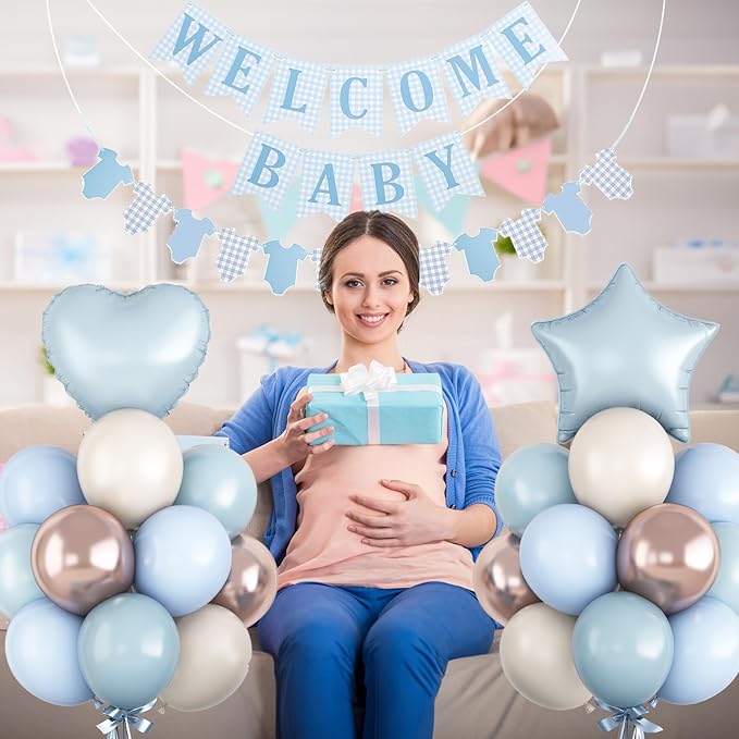 Dusty Blue Baby Shower Decorations Oh Welcome Baby Boys Balloon Set with Star Heart Foil Balloons Bunting Banner Bodysuit Garland Boho Pastel Blue Gold White Sand Gender Reveal Party Decor for Girls