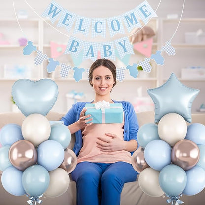 Dusty Blue Baby Shower Decorations Oh Welcome Baby Boys Balloon Set with Star Heart Foil Balloons Bunting Banner Bodysuit Garland Boho Pastel Blue Gold White Sand Gender Reveal Party Decor for Girls
