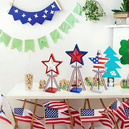 4th of July Table Decorations Accessories: 3 PCS Red White and Blue Wooden Star Signs for Home, Patriotic Wood Star Decor for Independence Day Party Favors Supplies, Rustic Tiered Tray Decor