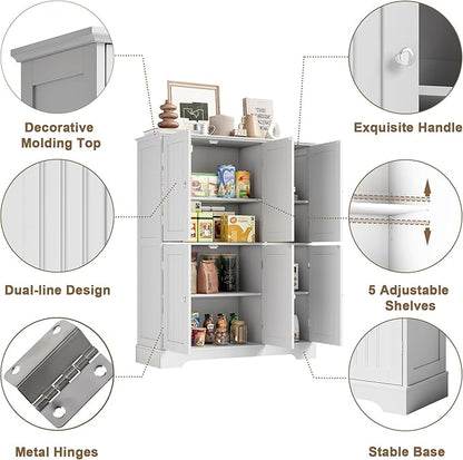 ChooChoo Bathroom Floor Cabinet, Modern Bathroom Storage Cabinet with 6 Doors and Adjustable Shelves, Freestanding Cupboard for Living Room, White