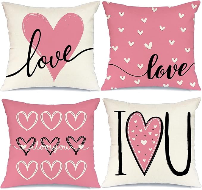 GEEORY Valentines Day Pillow Covers 18x18 Set of 4 Love Heart Valentines Pillows Decorative Throw Pillows Cushion Cases Valentine Decorations Valentines Day Deocr Pink
