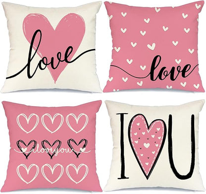 GEEORY Valentines Day Pillow Covers 18x18 Set of 4 Love Heart Valentines Pillows Decorative Throw Pillows Cushion Cases Valentine Decorations Valentines Day Deocr Pink