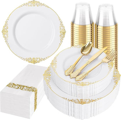 Hioasis 175pcs White and Gold Plastic Plates - Elegant Disposable Dinnerware Set Suitable for 25 Guests Include 10.25" Dinner & 7.5" Dessert Plates, Cutlery, Napkins, Cups for Party & Wedding