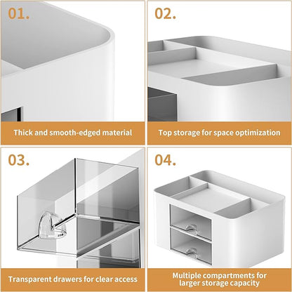 Marbrasse Pen Organizer with 2 Drawer, Multi-Functional Pencil Holder for Desk, Desk Organizers and Accessories with 5 Compartments + Drawer for Office Art Supplies (White)