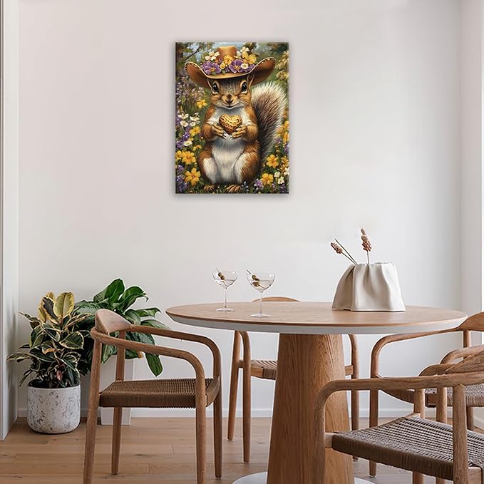 Western Squirrel Wall Art, Squirrel Peanut Pictures Wall Decor, Country Rustic Animal Canvas Prints, Forest Flower Painting, Framed Artwork for Bathroom Living Room Bedroom Dining Room 24"X16"