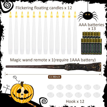 12 PCS Floating Candles with Wand LED Magic Hanging Candle Battery Operated Candle with 13 Batteries Include Flickering Warm Light Floating Candles for Christmas Halloween Decoration